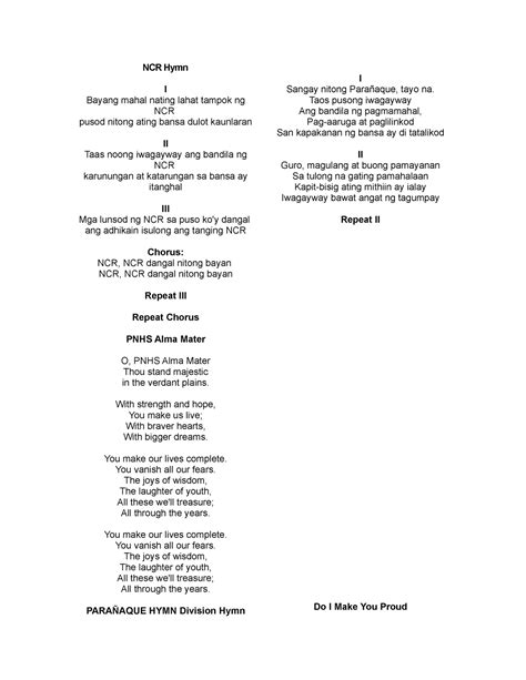 NCR Hymn Tagalog lyrics, English translation Himno ng NCR.